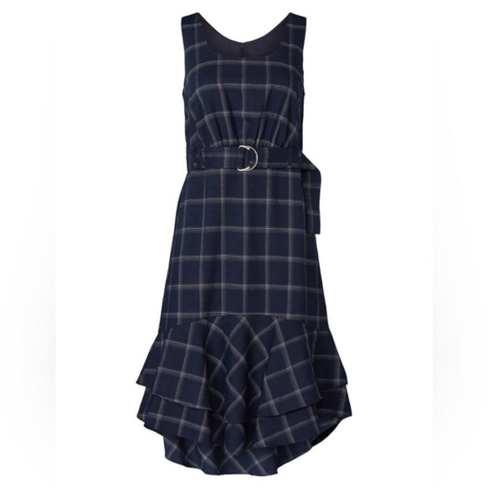 Great Jones Navy Plaid sleeveless flounce hem belted Dress Small - Picture 3 of 10